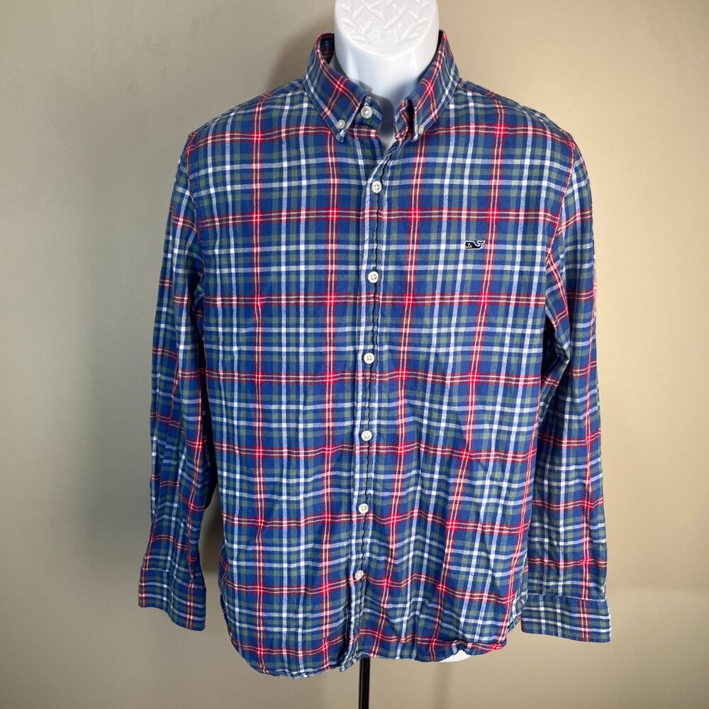 🌊 Vineyard Vines Mens Slim Fit Flannel Shirt Medium M Blue Green Red Plaid
